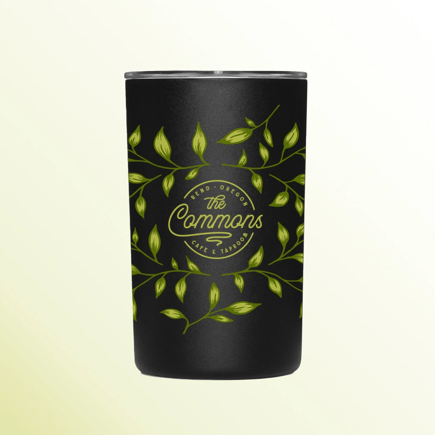 Custom illustration of insulated tumbler with green leaves around Bend, OR cafe logo