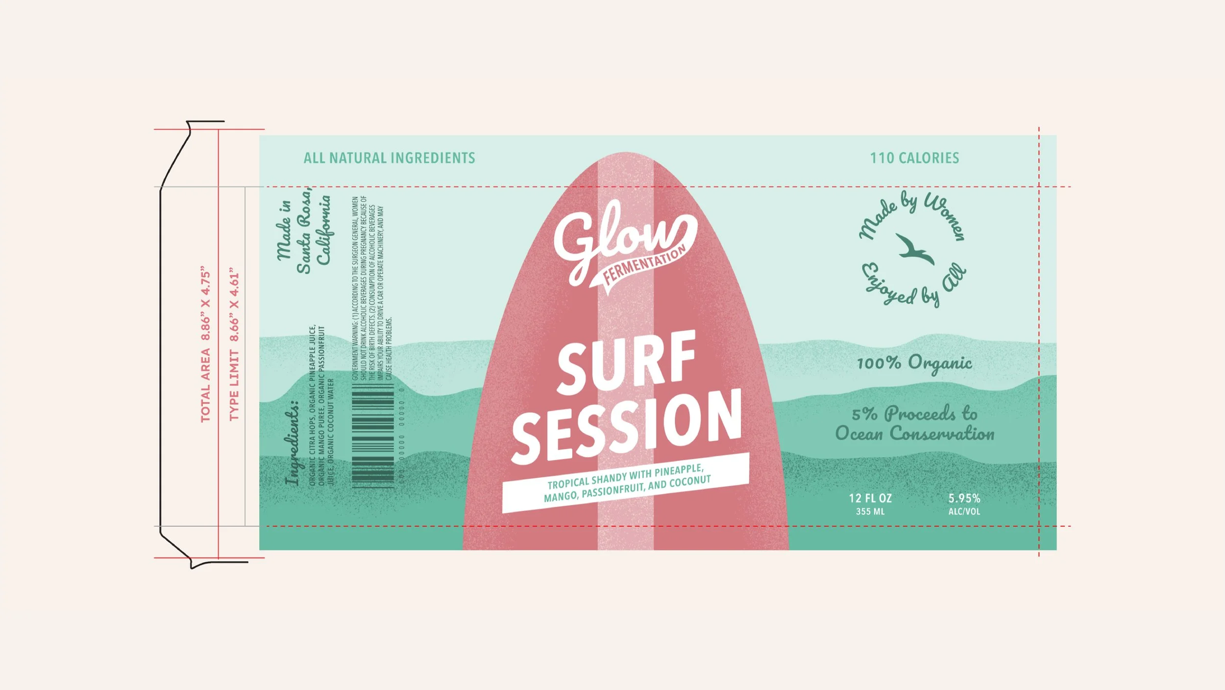 Illustrated can label design for beach-themed brewery