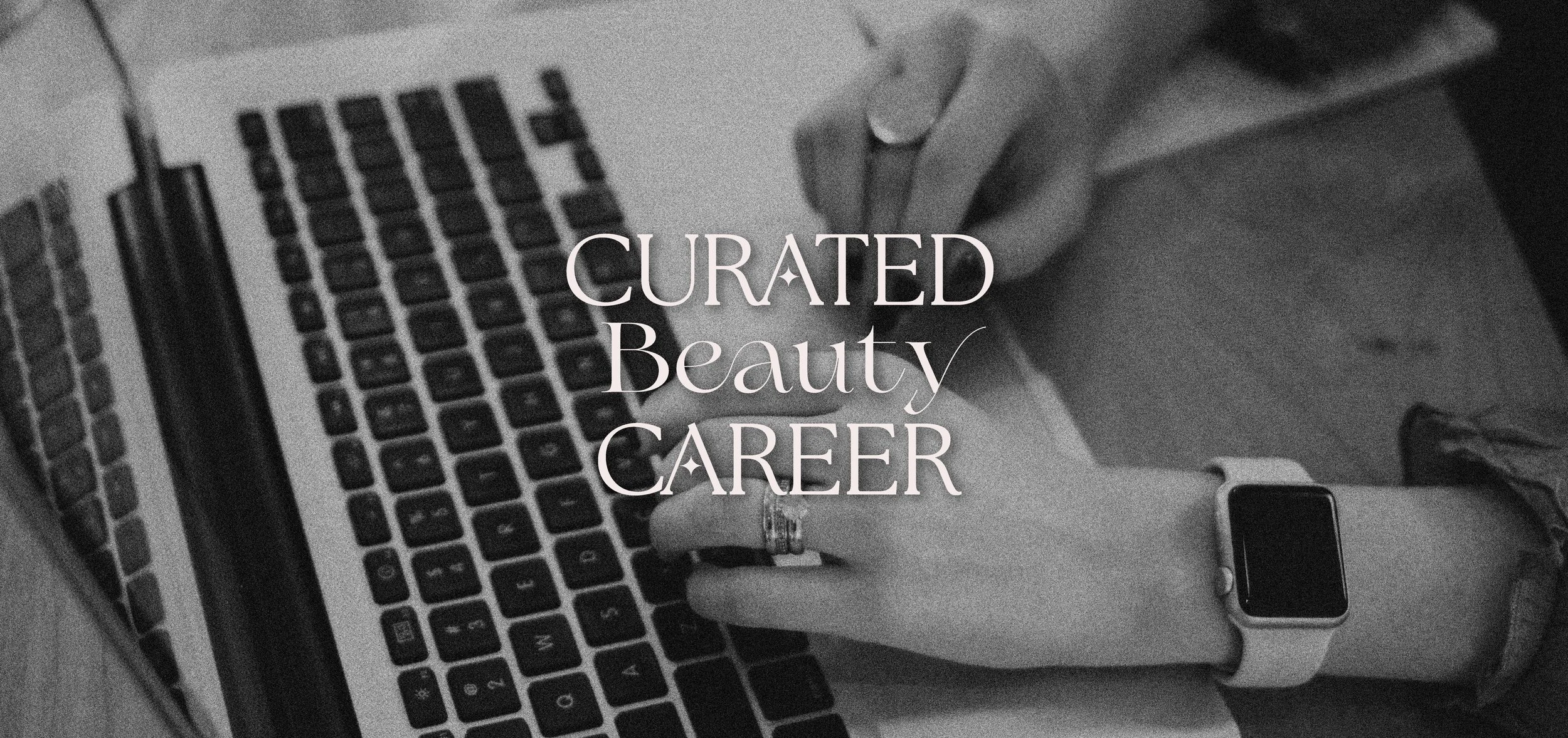 Professional white logo against grainy black and white photo of hands typing on a laptop