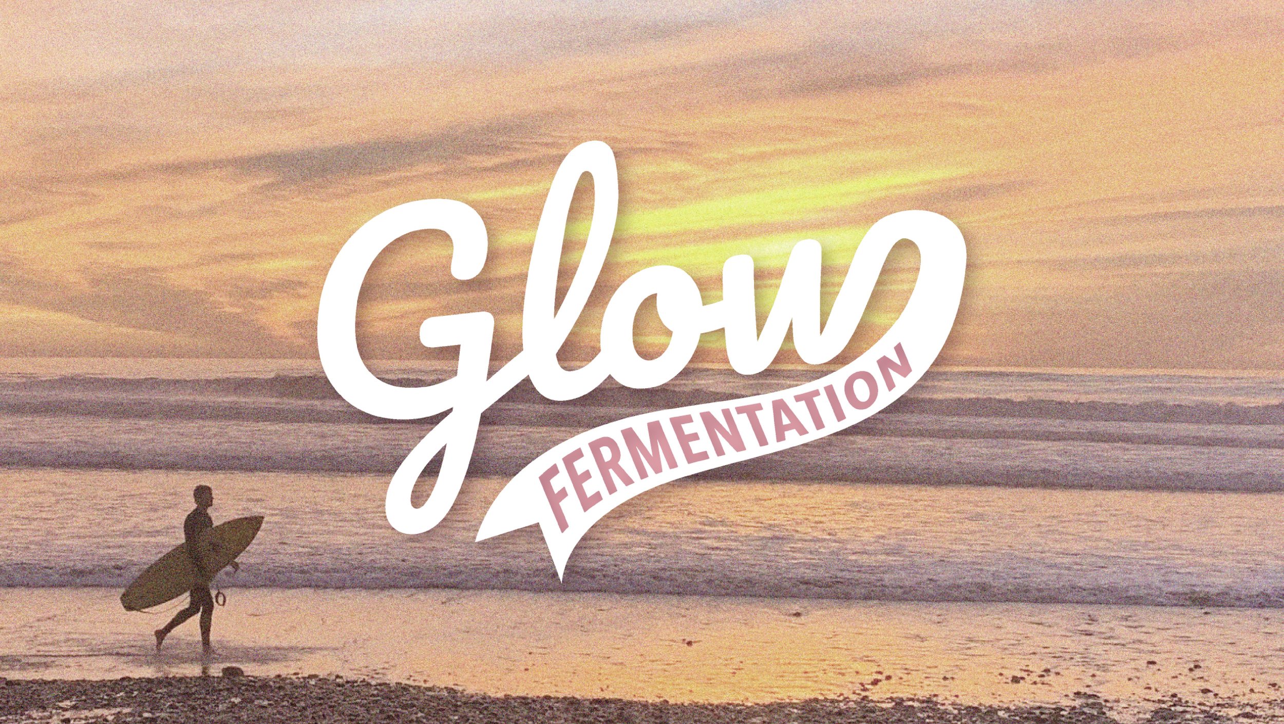 Brewery brand image of surfer walking along a beach at sunset with brewery logo overlay