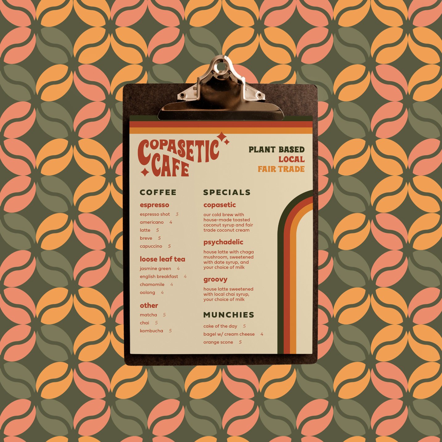 Menu design for 70s inspired cafe and coffeeshop brand