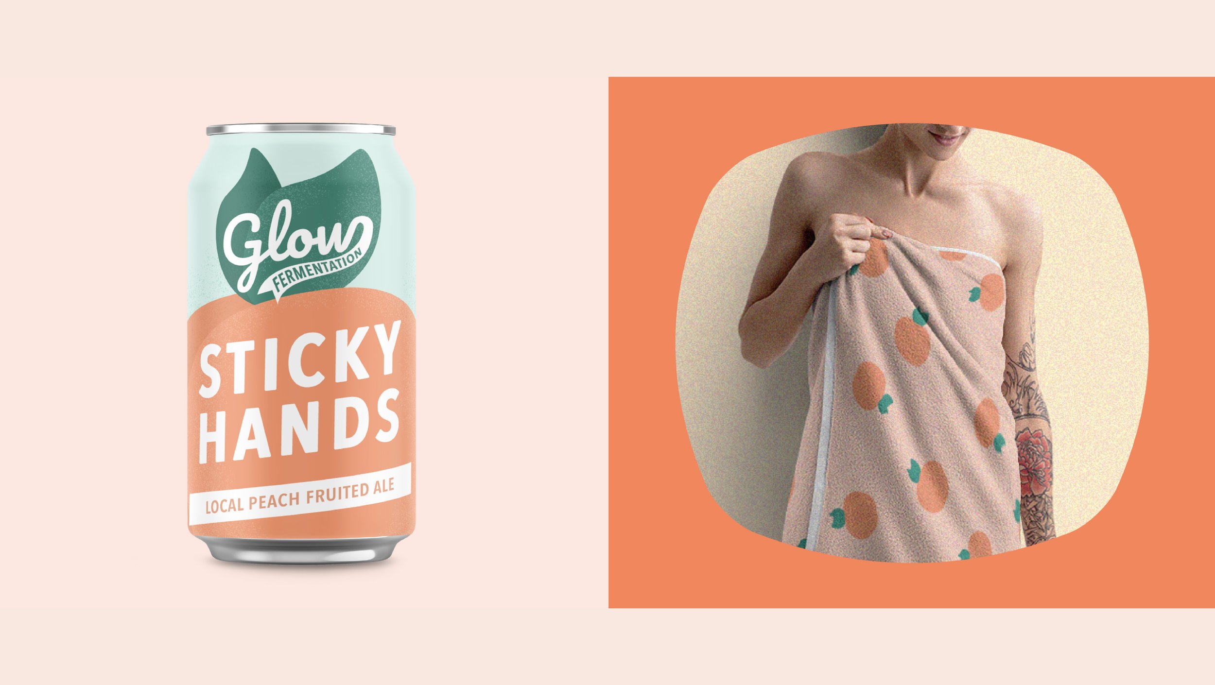 Orange towel merch design with peaches and beer label design