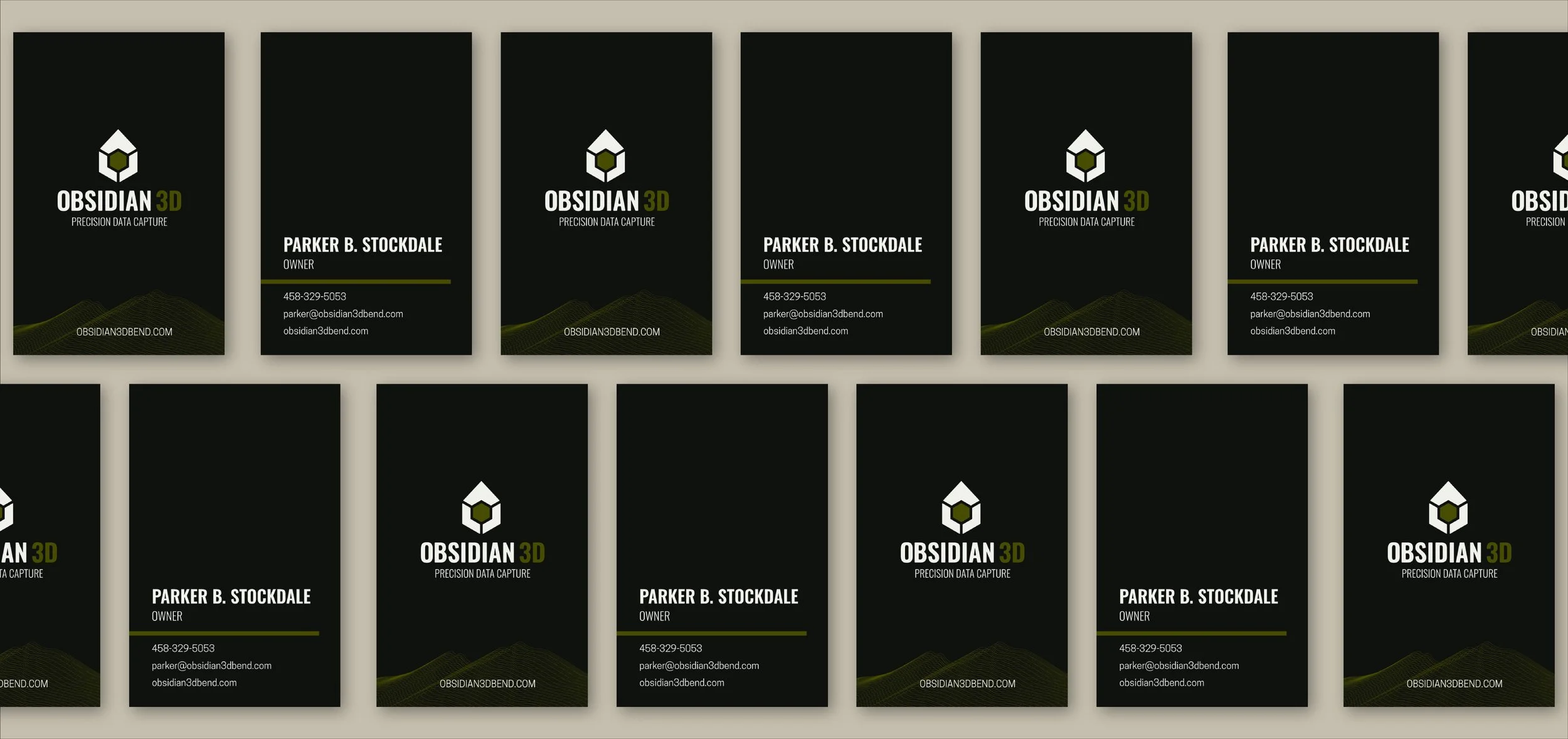 Vertical black white and green business card design for tech brand