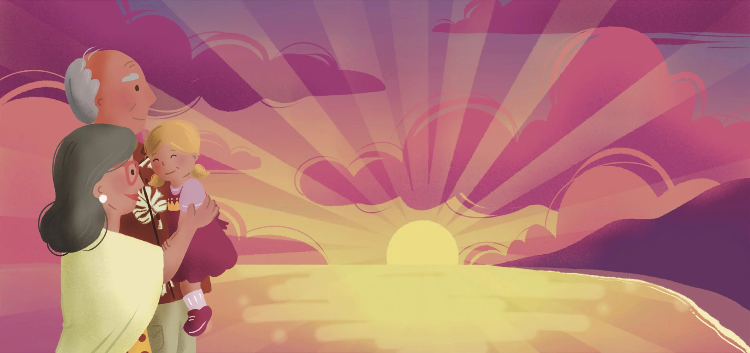 Illustration of grandparents hugging grandchild watching colorful PNW sunset