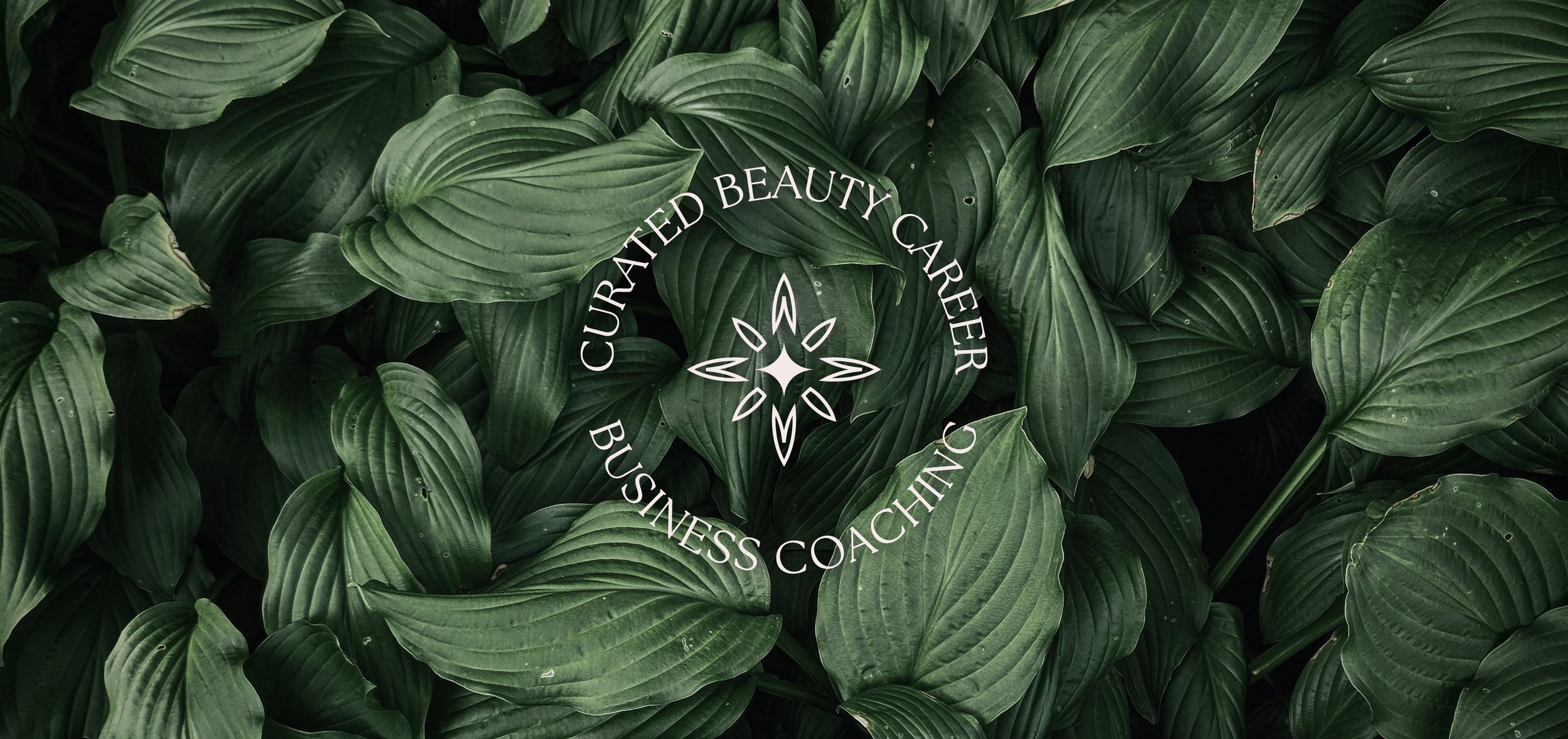 White circular business coaching logo against aesthetic green foliage background