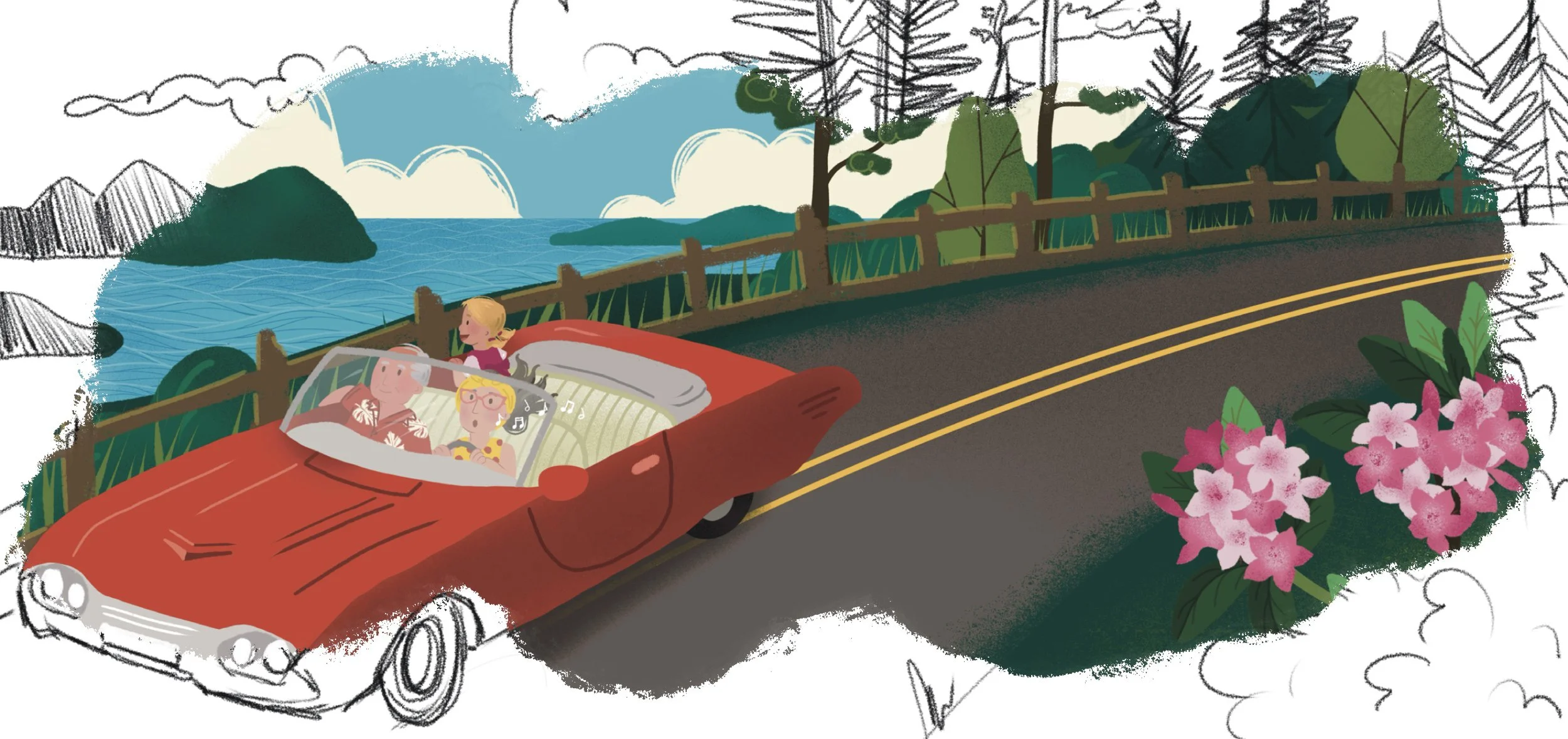 Rough sketch vs final illustration of washington coast roadtrip