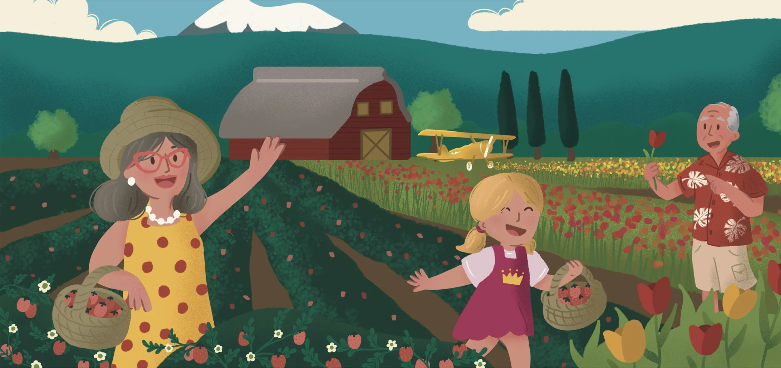 Childrens book illustration of Skagit Valley tulips and strawberry farm