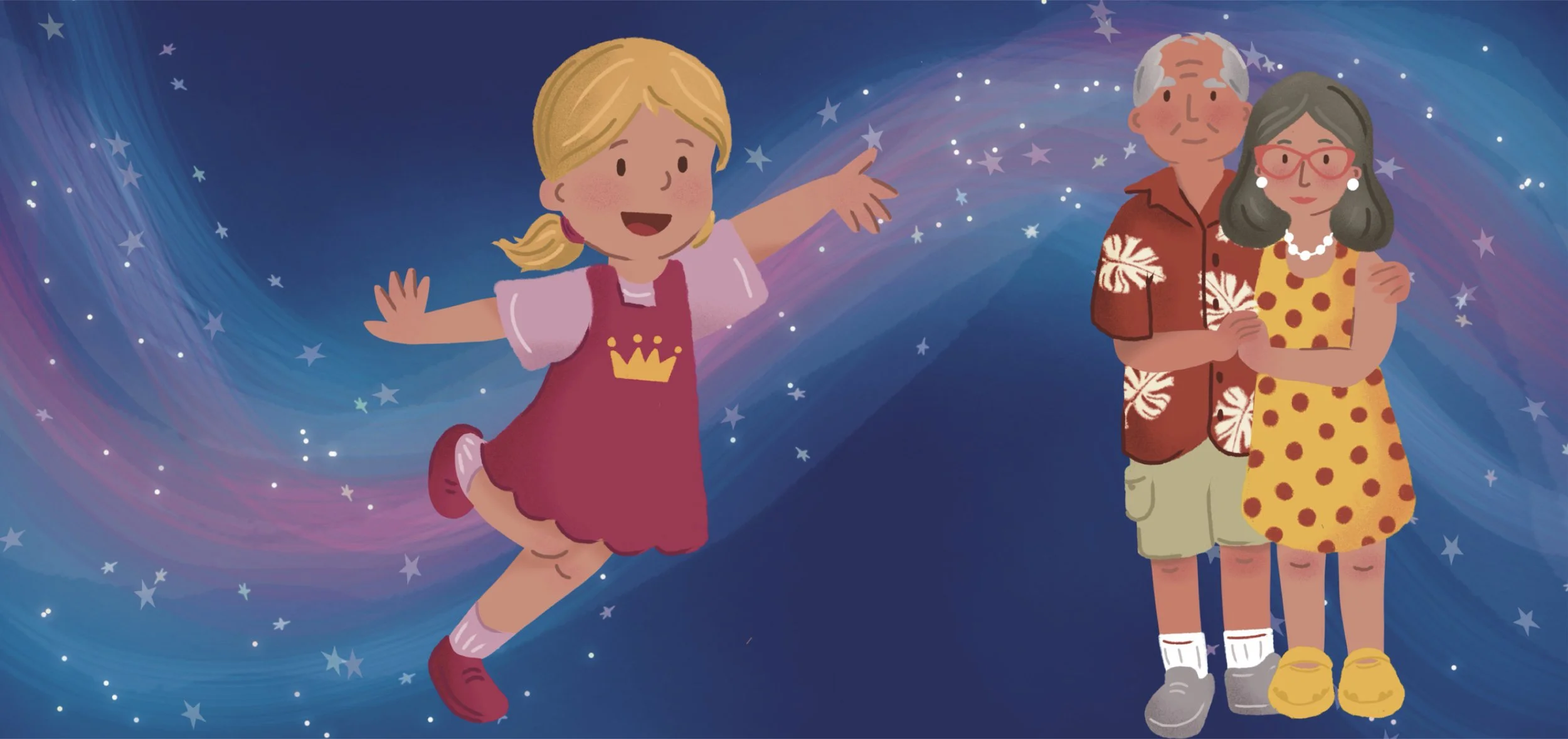 Colorful children's book illustration with grandparents