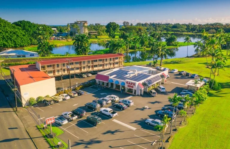 An aerial view of a parking lot and a cafe surrounded by greenery, water bodies, and trees.