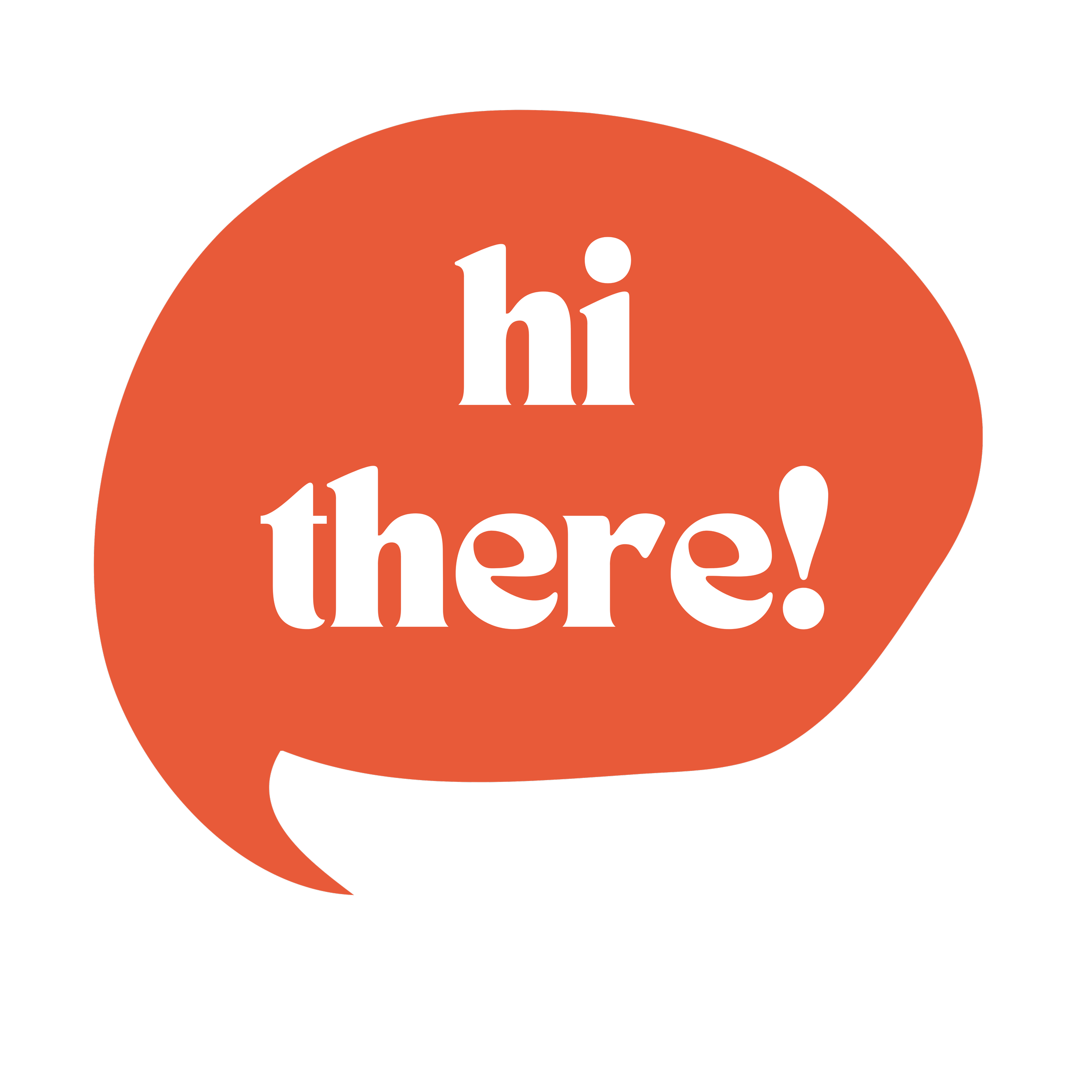 A speech bubble with an orange background and white text that reads 'hi there!'.