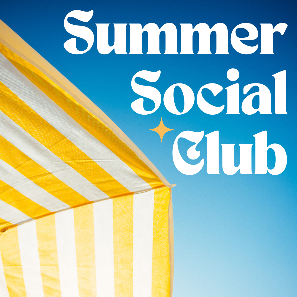 A yellow and white striped beach umbrella against a clear blue sky with the text 'Summer Social Club' in bold white letters and a small star symbol.