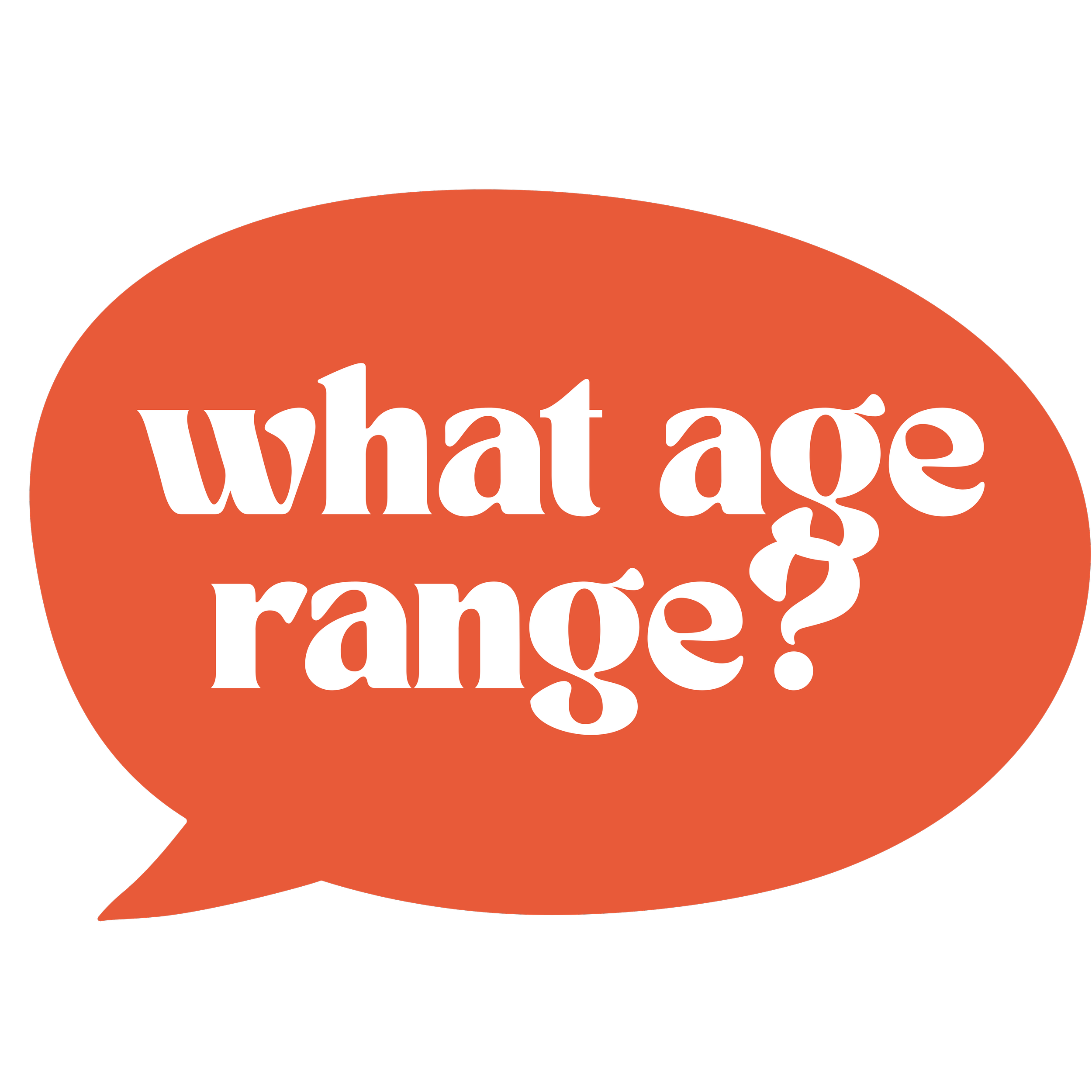 Question mark speech bubble with the text 'what age group' in white letters on an orange background.