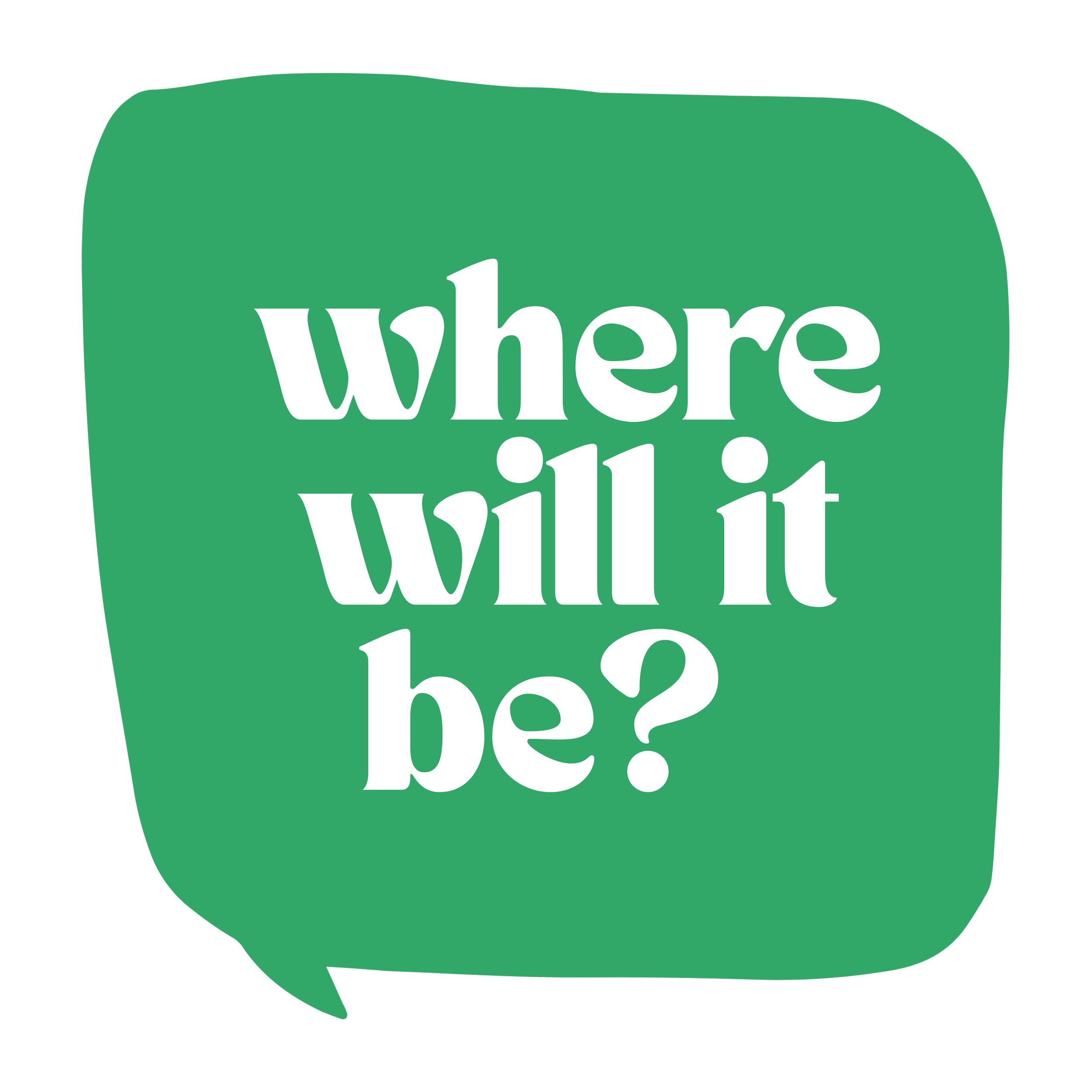 A green speech bubble with white text reading 'where will it be?'