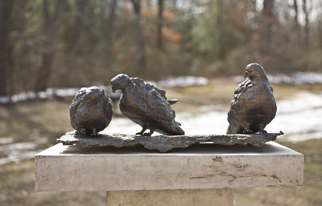 Pigeons (detail)
As installed at Burlington County Community College, Pemberton, NJ 2011

Three bronze pigeons on a concrete pedestal, surrounded by concrete pigeons on the ground.