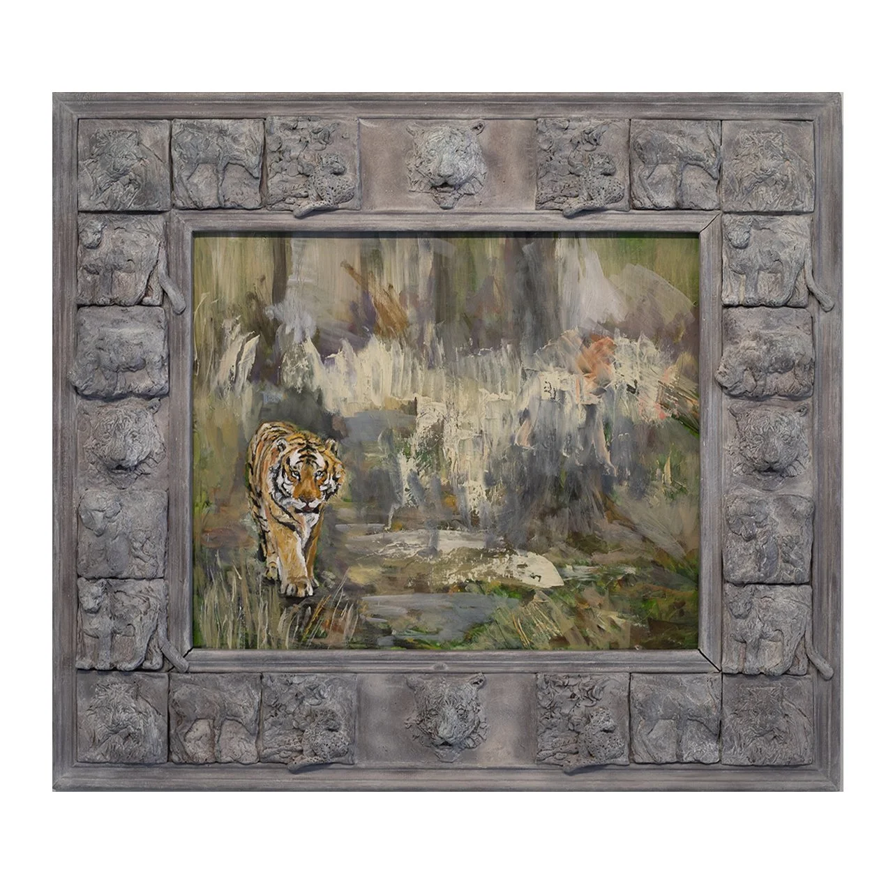 Tiger
oil on panel with cast plaster and wood frame. 37” x 32.5” 2018

Available for purchase here.