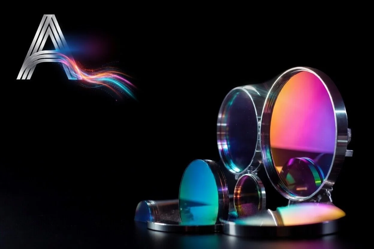 Various camera lens filters with iridescent surfaces arranged on a black background.