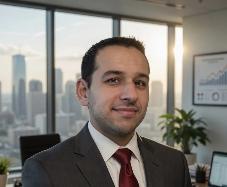 Professional man in a suit standing in an office with a city skyline view, large windows, and a chart on the wall.