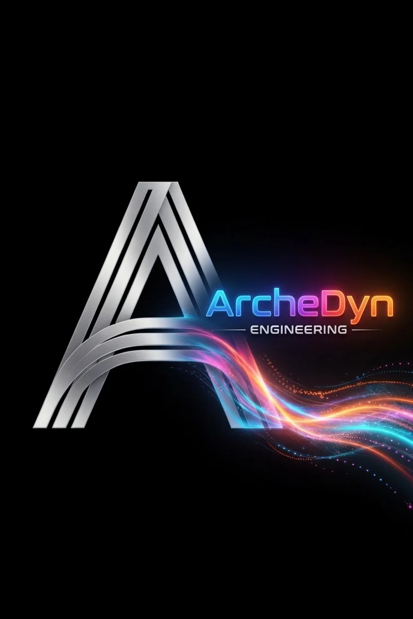 A stylized silver letter A with neon blue, pink, and orange light effects, and the word "ArcheDyn" in colorful neon letters, along with the word "ENGINEERING" underneath on a black background.