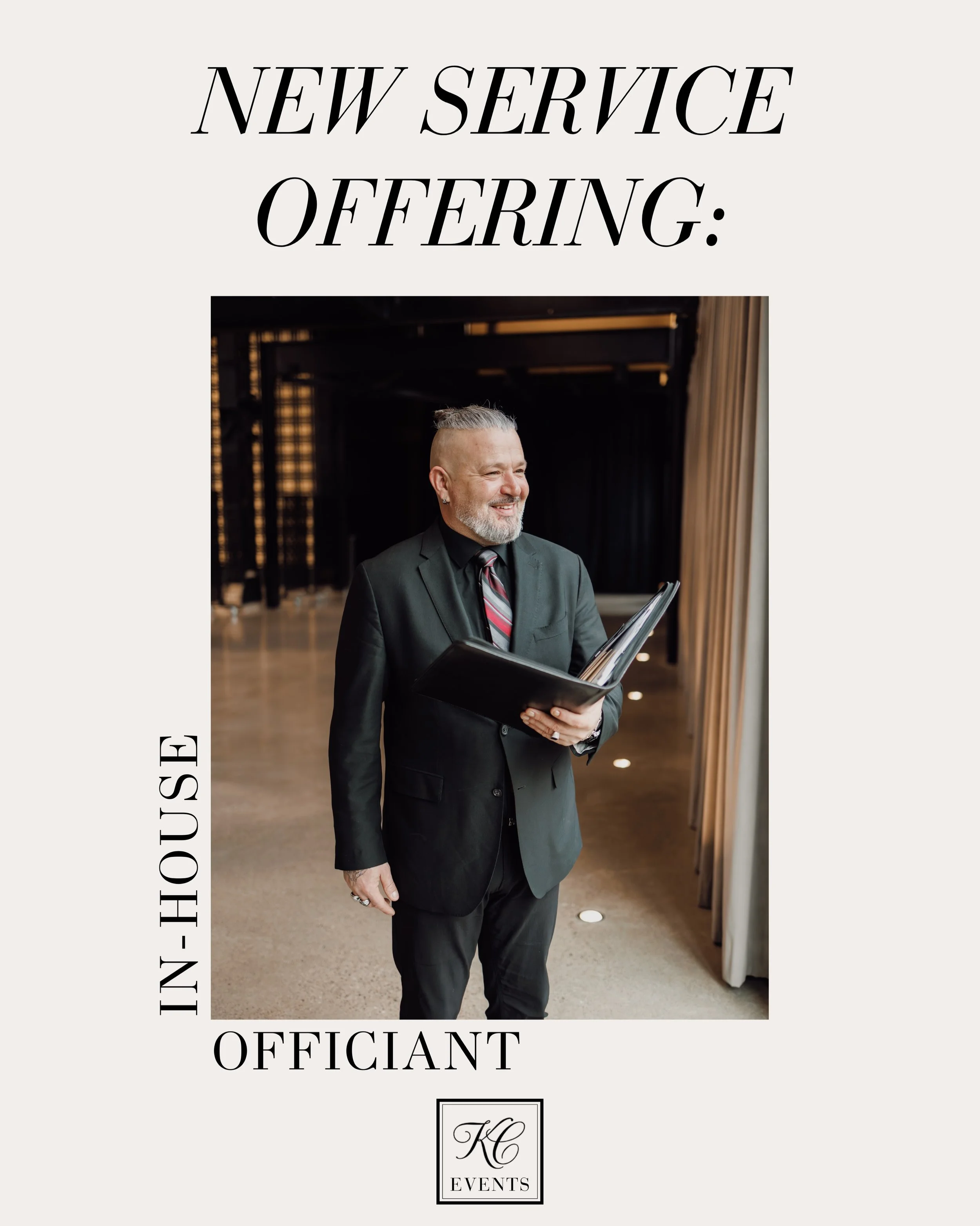 We are so excited to offer our couples an in-house officiant! We&rsquo;ve found in the past that some officiants did not show up on time or even at all, so we decided it would be an asset to have one on the team!

Seamlessly blending charisma, humour