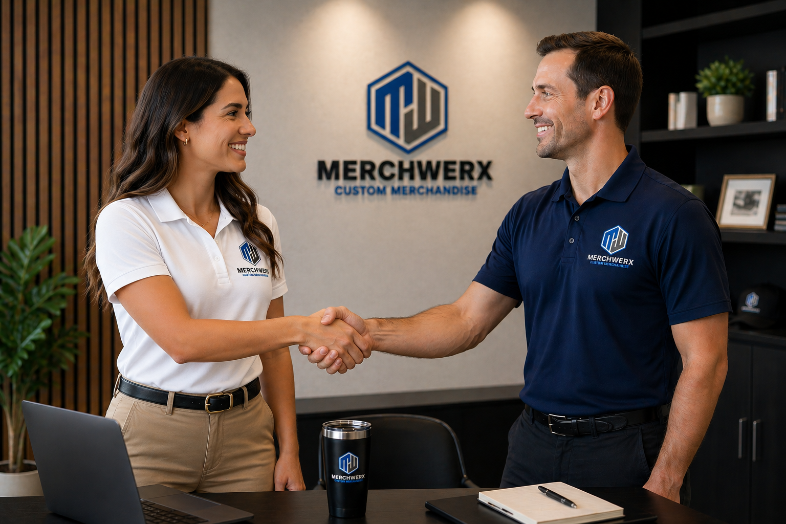 A man and woman shaking hands in an office, wearing shirts with the Merchwax logo, smiling at each other.