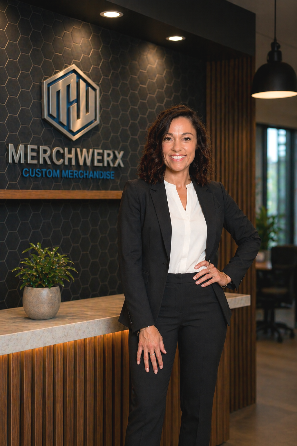 A woman in a black suit standing in front of a reception desk with a sign reading 'MERCHWEX CUSTOM MERCHANDISE.'