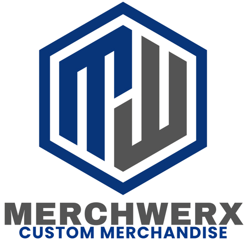 Logo for MerchWerx featuring a 3D shield with a stylized 'M' inside and text 'MERCHWERX' and 'CUSTOM MERCHANDISE' beneath.