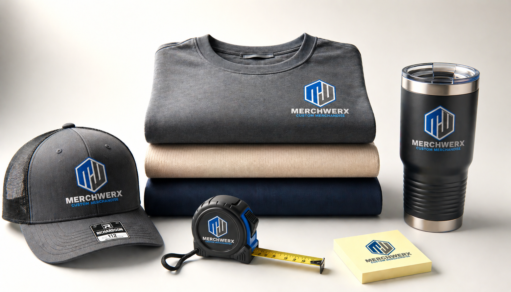 Stack of three folded clothing items, a baseball cap, a tape measure, a notepad, and a tumbler with merchandise branding, all featuring the Merchwex logo