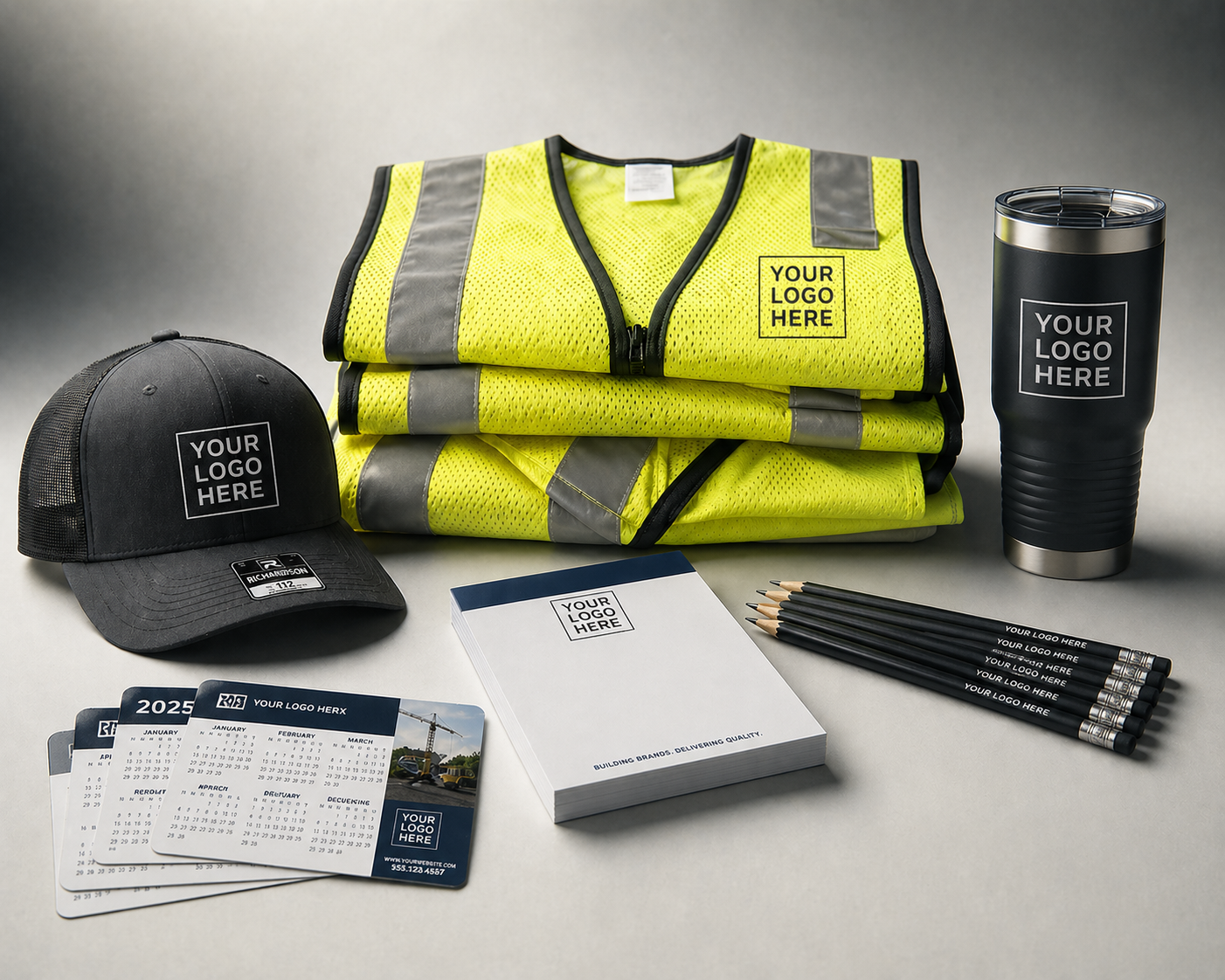 Collection of promotional items including a black cap, a yellow safety vest, a travel tumbler, a stack of notebooks, a set of pens, a calendar, and branded cards, all with customizable logos.
