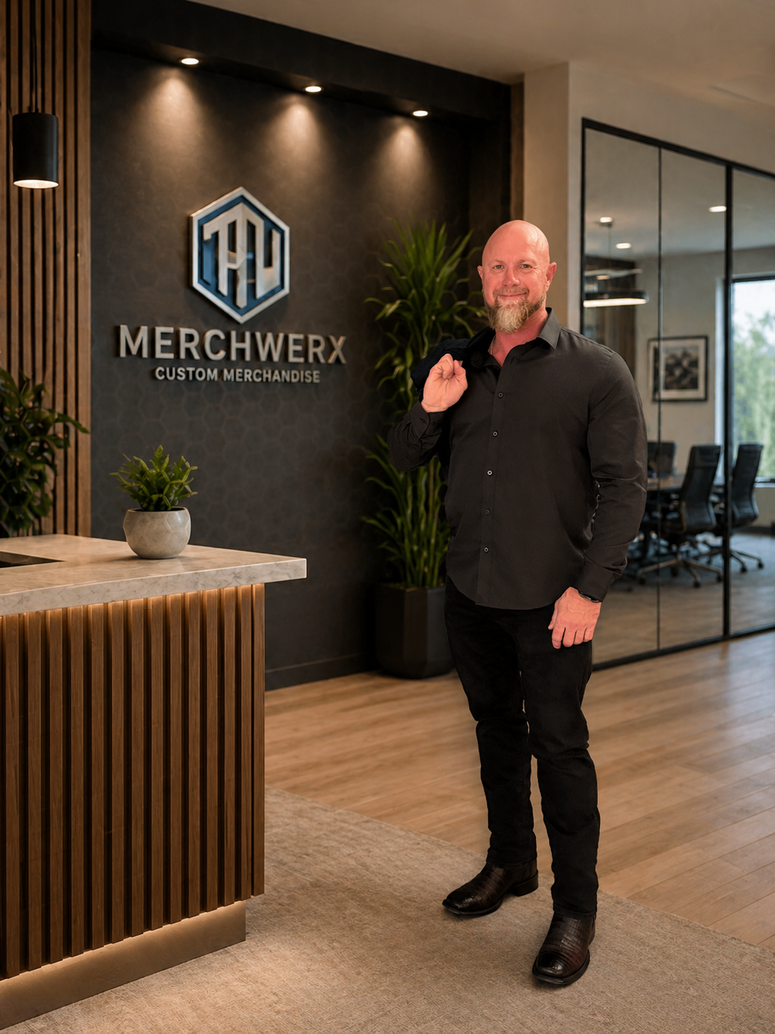 A man in a black shirt and pants standing in front of a reception desk at Merchwerx, a custom merchandise company, holding his jacket over his shoulder. The reception area has wooden paneling, a potted plant, and a wall sign with the company logo.