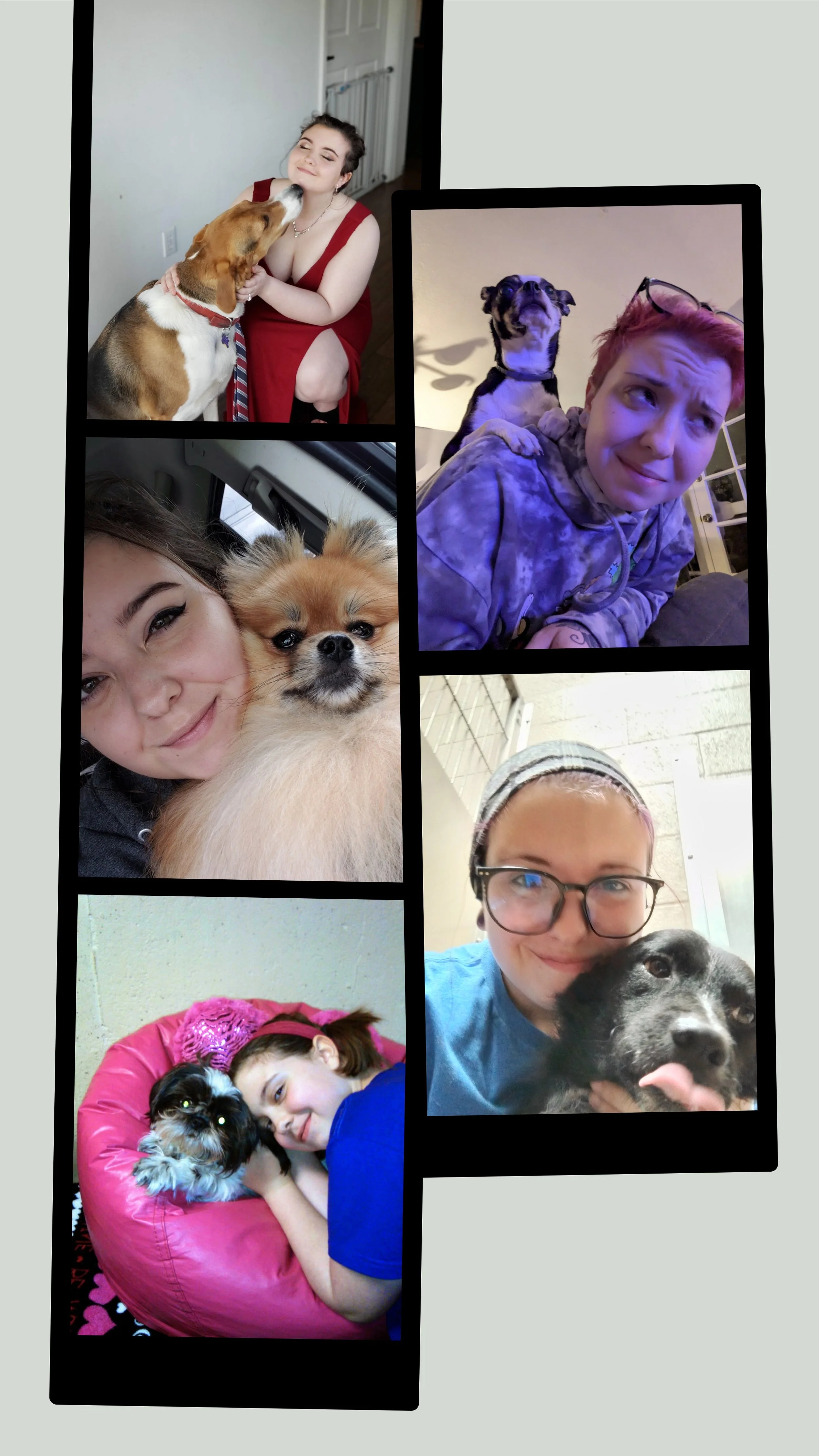Collage of five people with their dogs, each person posing with or holding their pet in different settings.