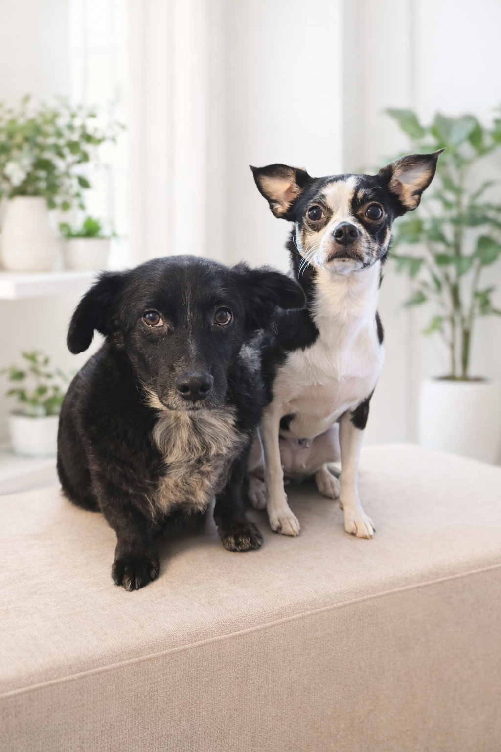 Two dogs sitting on a beige couch in a bright room with white curtains and indoor plants.