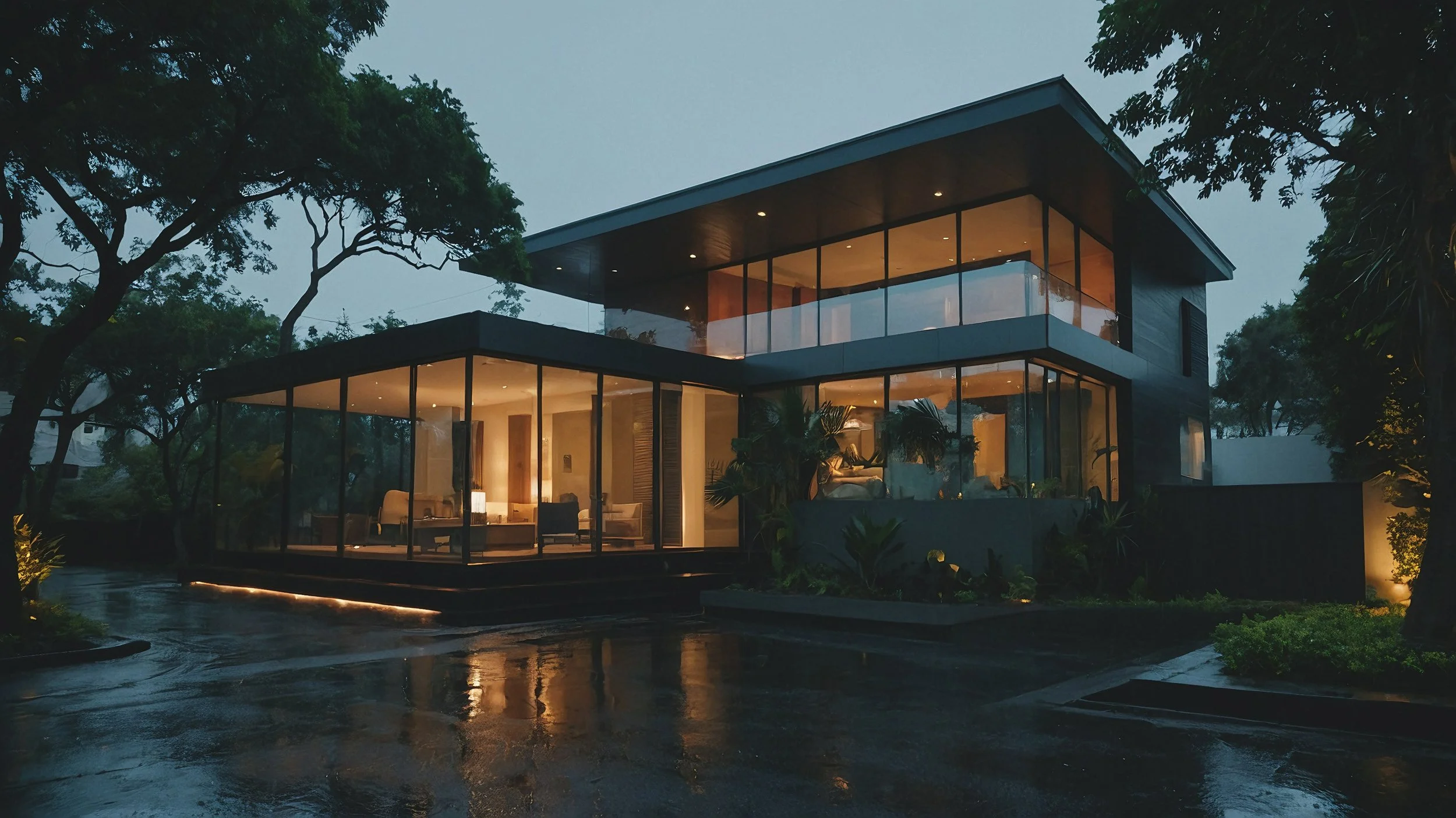 Modern house with large glass windows illuminated inside, surrounded by trees, during evening or night on a rainy day.
