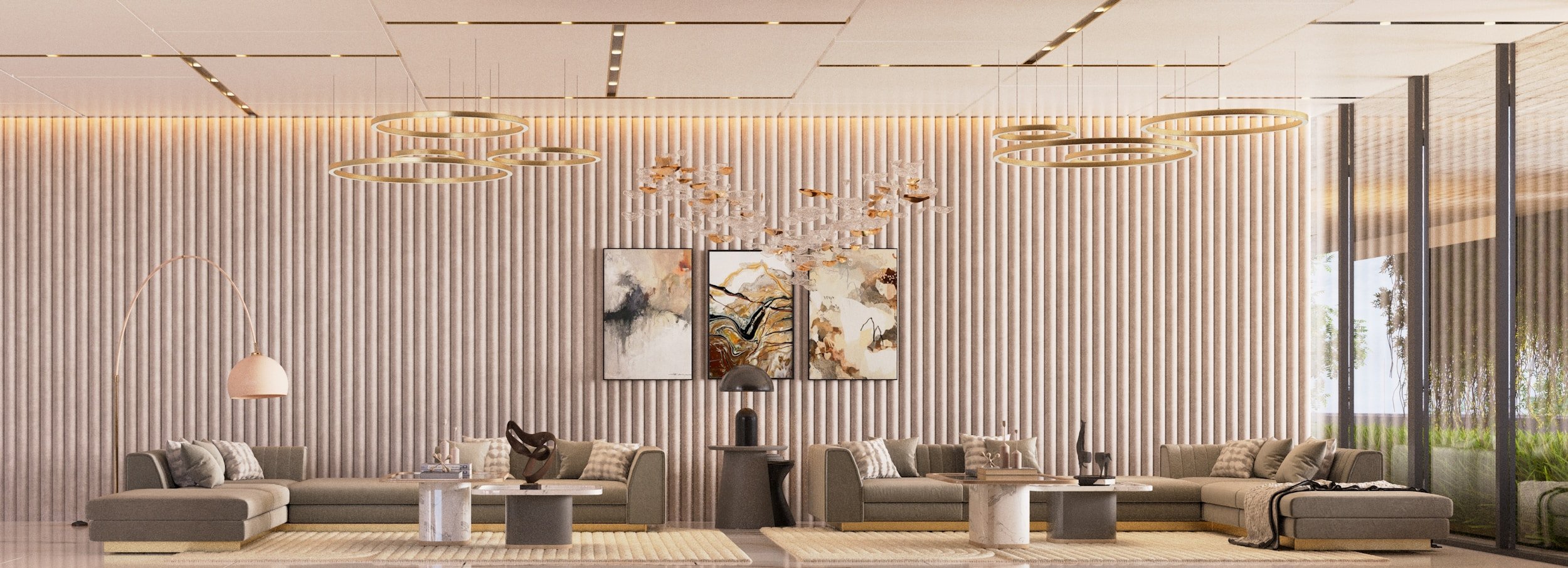 Modern hotel lobby with beige seating, abstract artwork, and circular pendant lights, large windows with greenery outside.