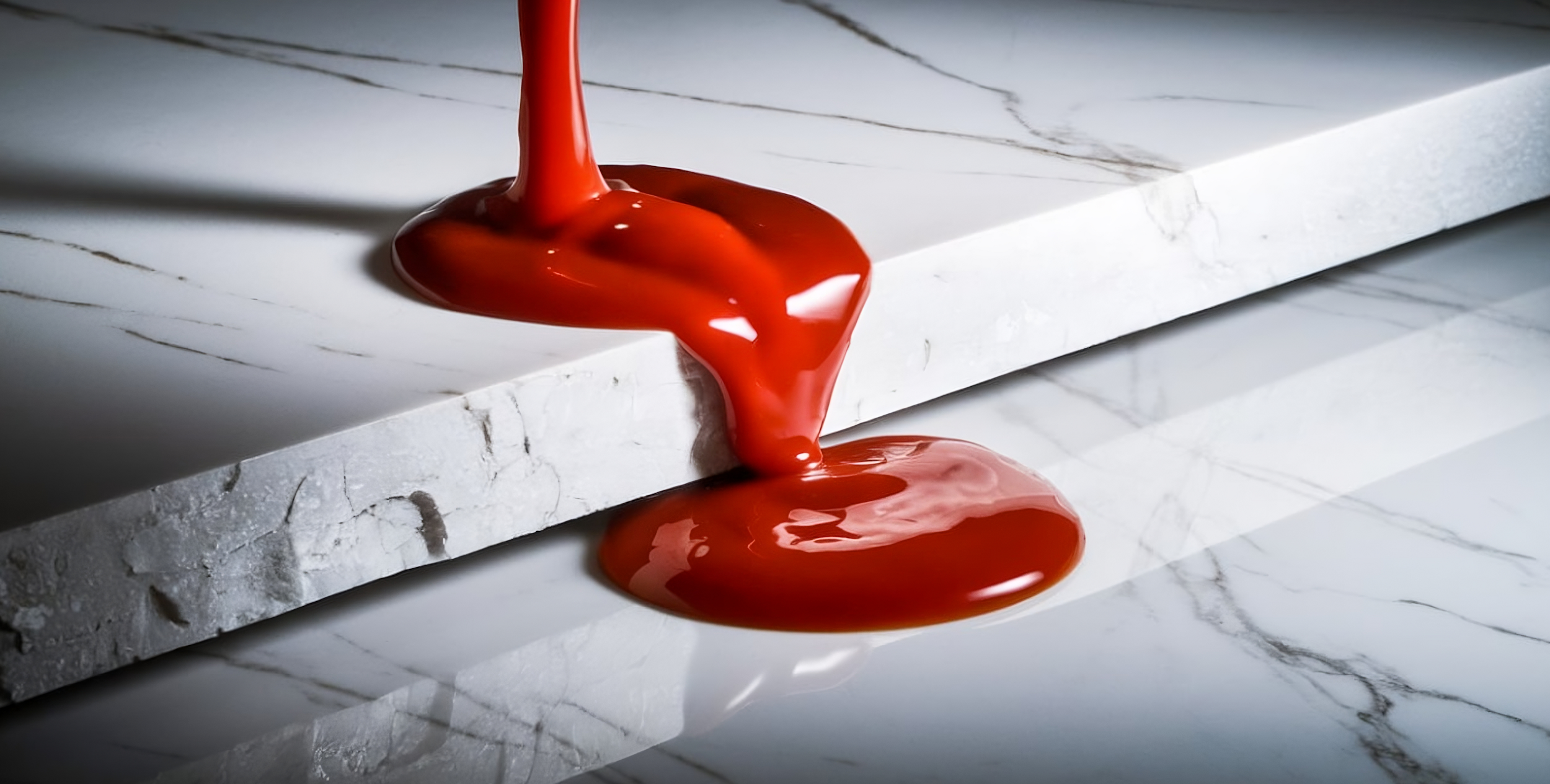 Red liquid, likely ketchup, spilling over the edge of a white marble surface. The liquid is flowing down the side, pooling at the bottom.