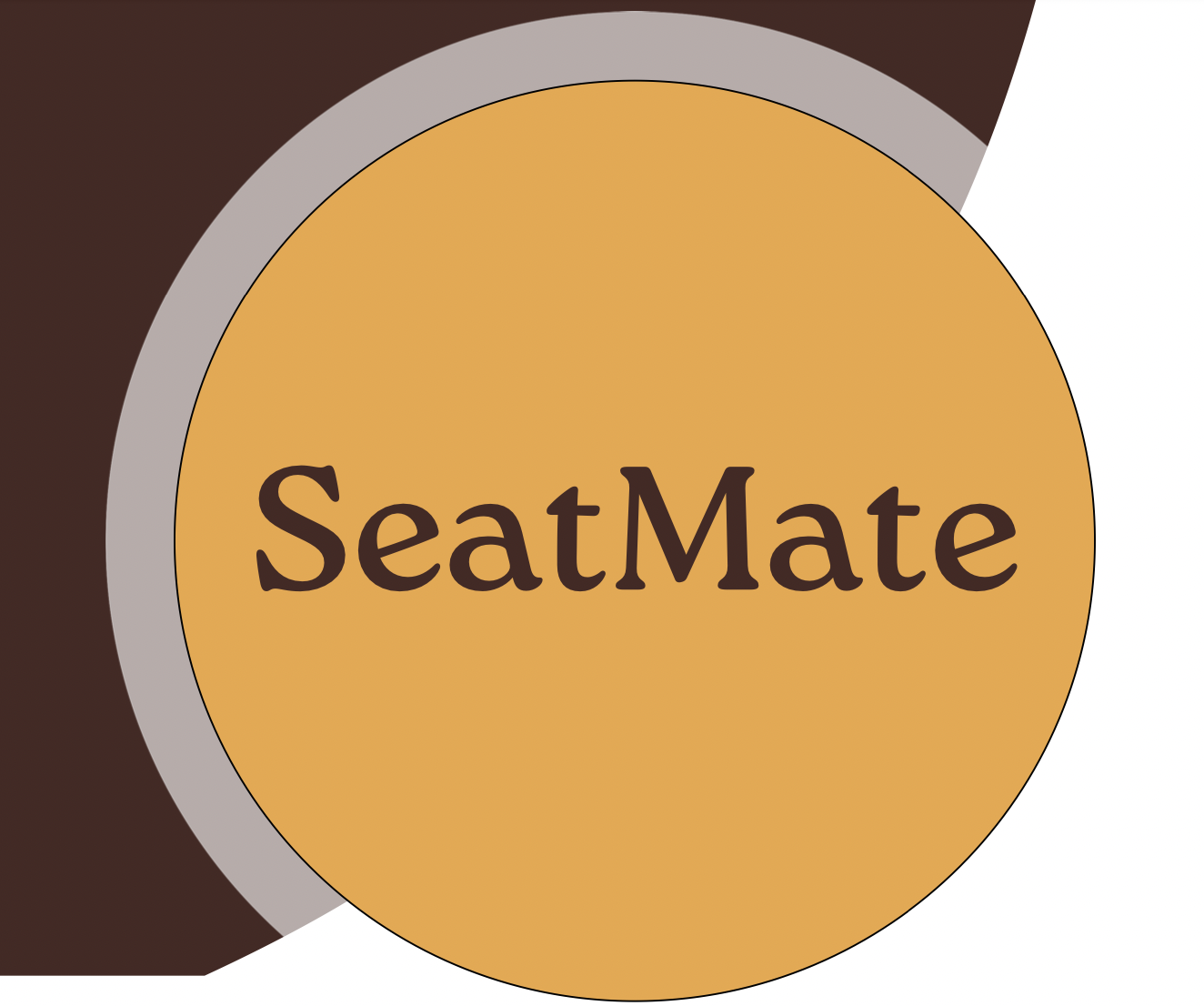 Logo with the word 'SeatMate' on an orange circular background, partially overlaid by a grey circle and a dark brown shape.