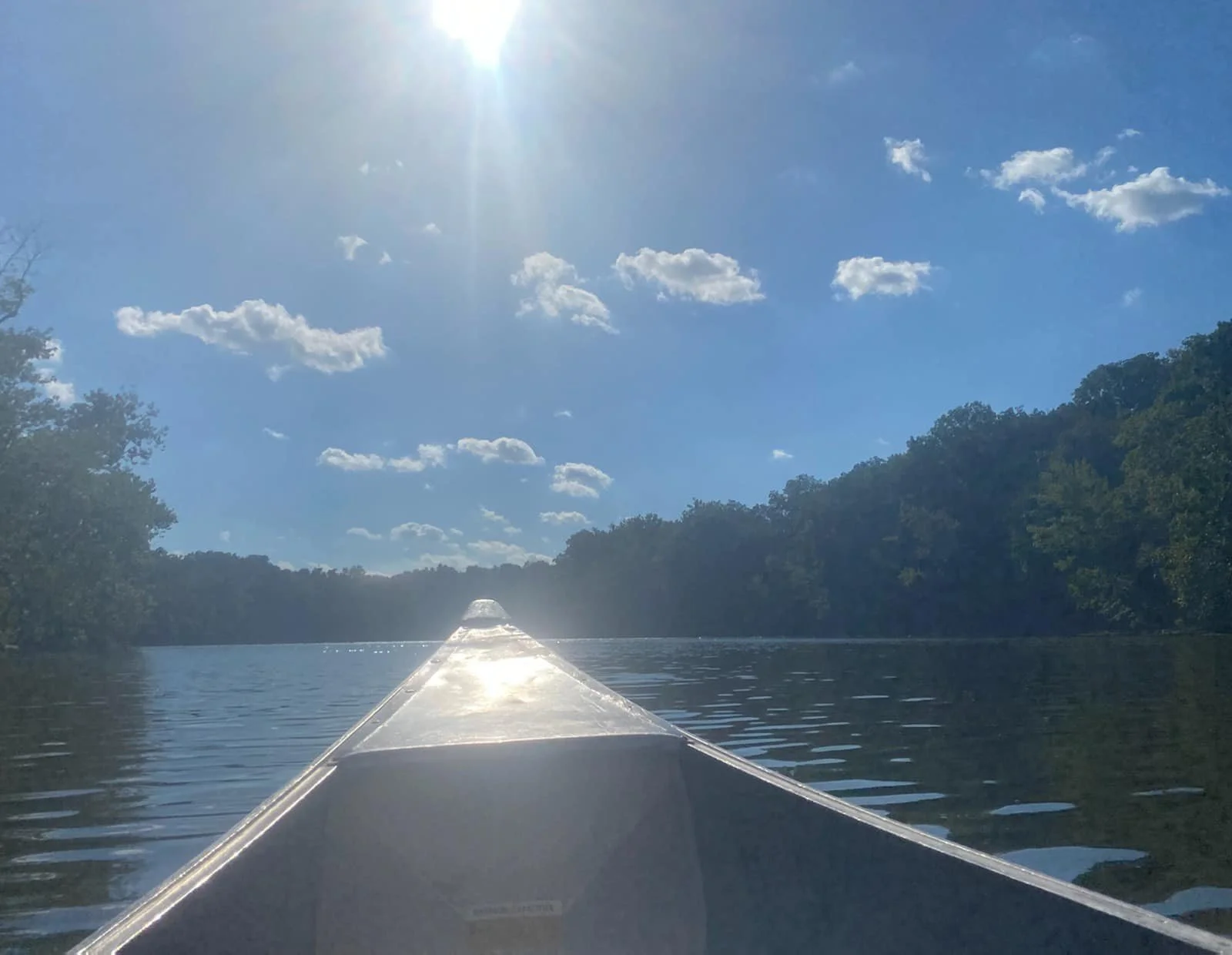View from a boat on a river with the bow in the foreground, surrounded by trees under a blue sky with scattered clouds and the sun shining.