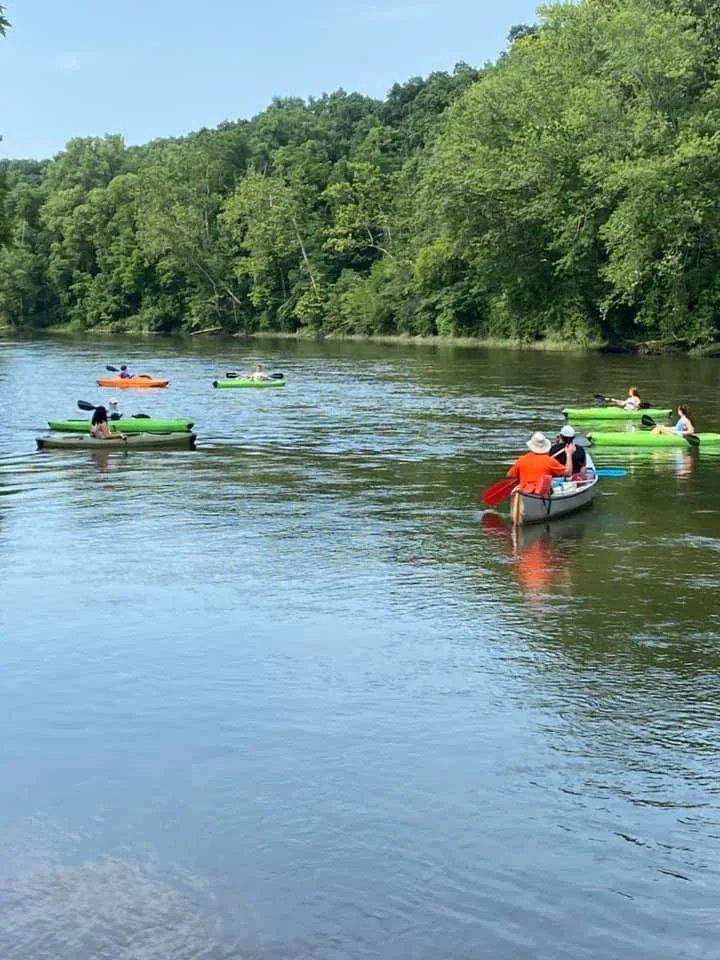 Several people kayaking on a calm river surrounded by green trees and hills under a blue sky.