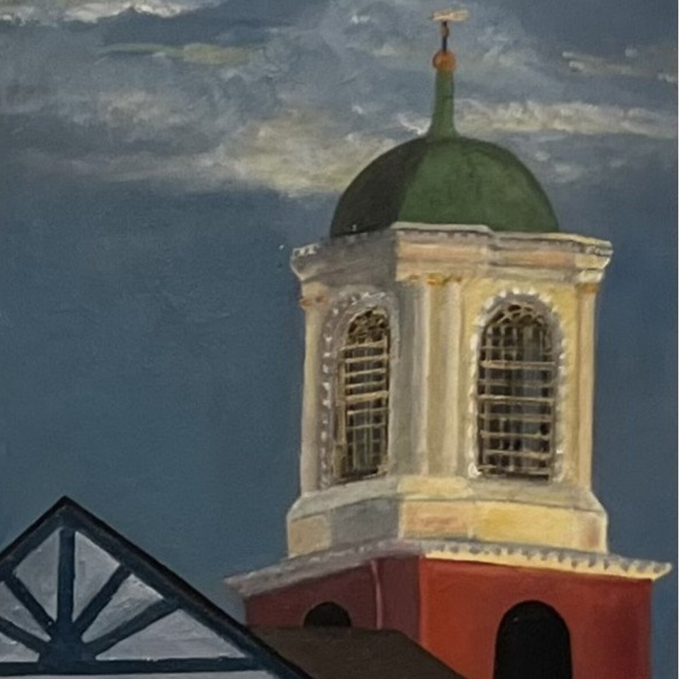 Close-up painting of a church or historical building's tower with a green dome, ornate windows, and a clear sky with some clouds in the background.