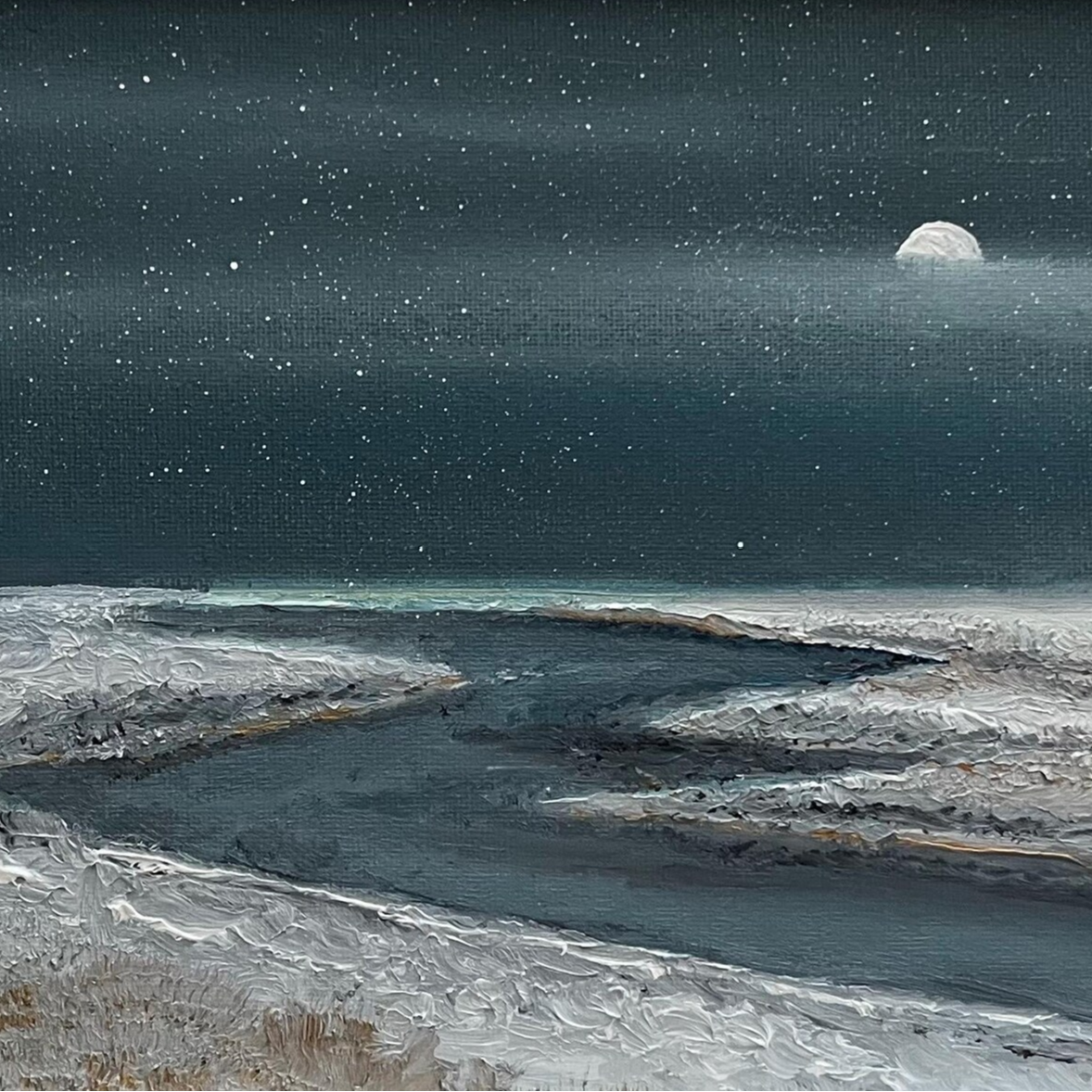 Nighttime landscape painting of a moonlit river with snow-covered banks, under a starry sky with visible moon.