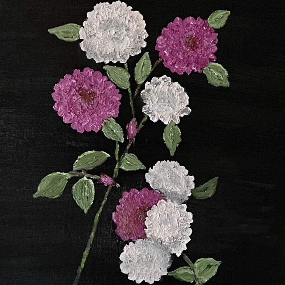 Painting of a floral arrangement with pink and white carnations and green leaves on a dark background.