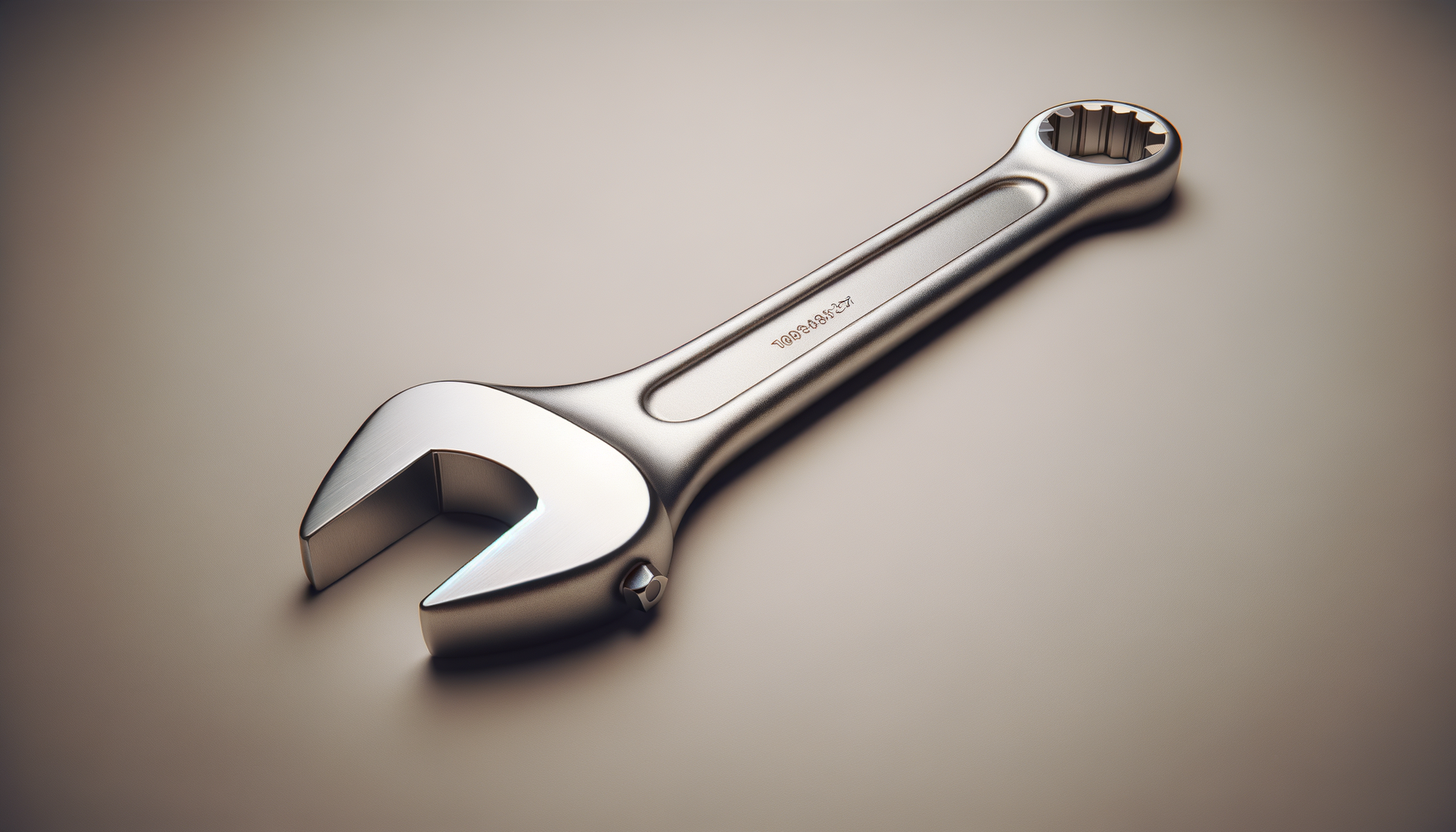 A metallic adjustable wrench lying on a smooth surface.