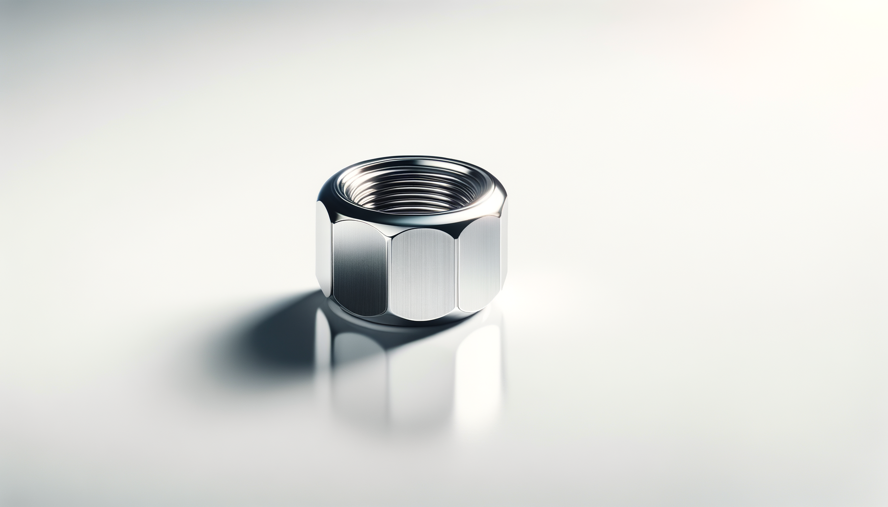 Close-up of a metallic hexagonal nut on a plain, light-colored surface with soft shadows.