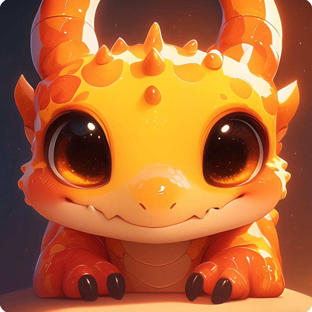 A stylized, cartoon-like orange dragon with large, glowing black eyes, small horns on its head, and a friendly expression.