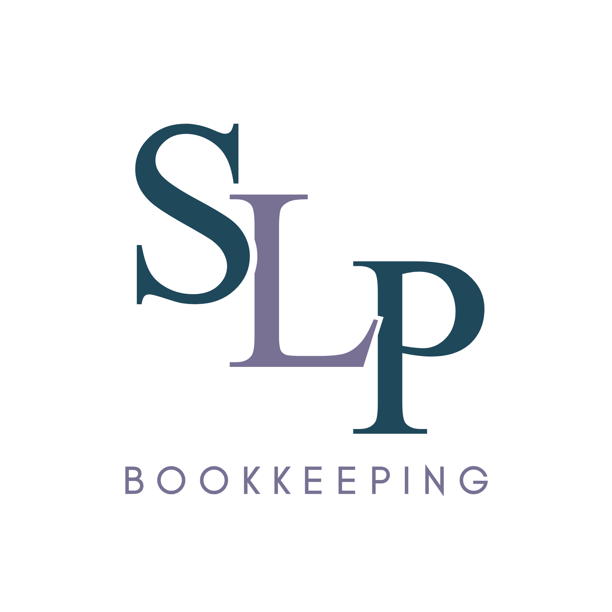 Logo of a company named SLP Bookkeeping with a stylized letters 'S', 'L', and 'P' in dark blue and purple, and the text 'Bookkeeping' underneath.