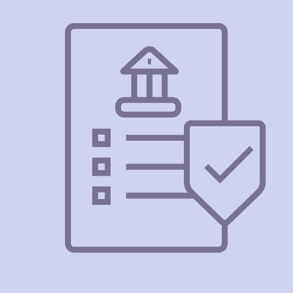 A document icon with a bank symbol and a pop-up with a checkmark, indicating approval.