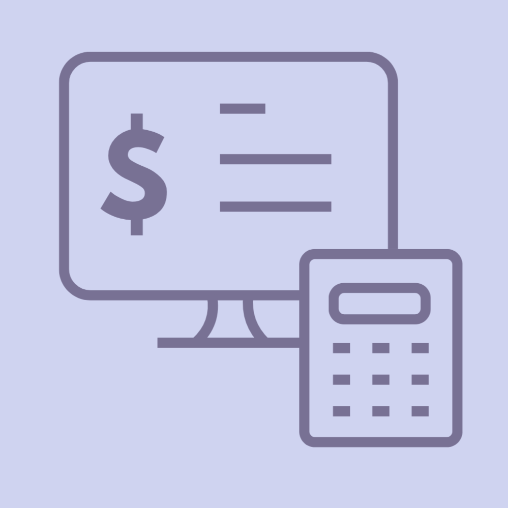 Computer monitor with a dollar sign and three lines of text, alongside a calculator, representing financial calculations.