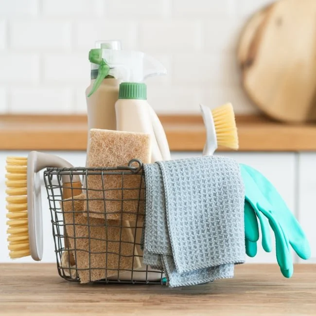 Cleaning supplies in a wire basket on a wooden surface, including sponges, a spray bottle, a cleaning cloth, rubber gloves, and a bottle of cleaning solution, with a cutting board in the background.