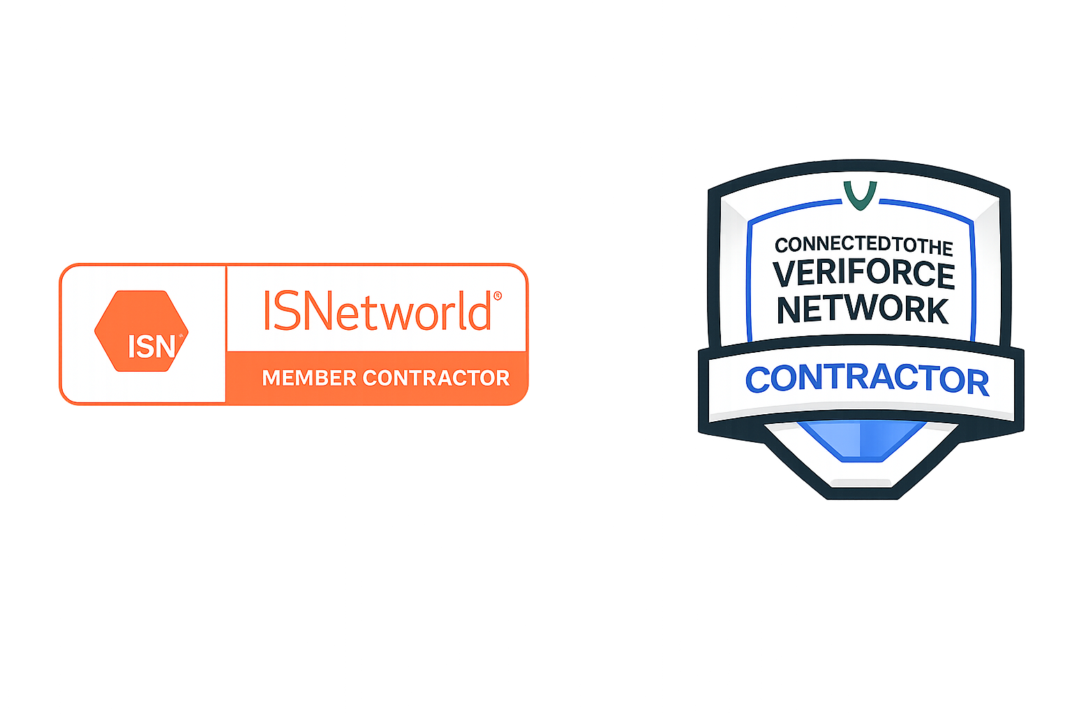 Digital image featuring two badges. The left badge is red and white with the text 'ISNetworld' and 'MEMBER CONTRACTOR,' and the right badge is a shield-shaped badge with white, blue, and black colors, displaying the words 'CONNECTED TO THE VERIFORCE NETWORK' and 'CONTRACTOR.'