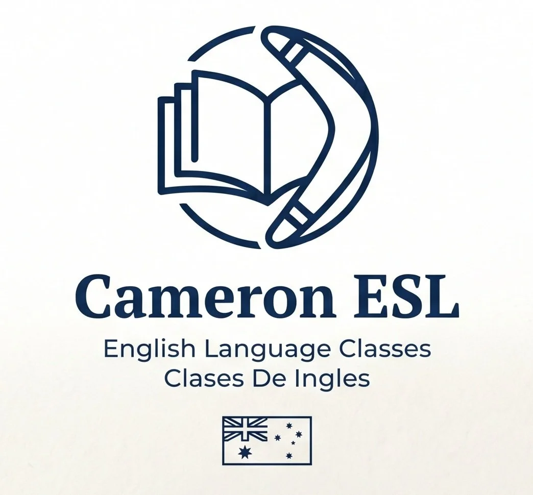 Logotipo de Cameron ESL, una escuela de inglés, en el que aparecen un libro abierto y un auricular de teléfono, con texto en inglés y español, y la bandera australiana.
