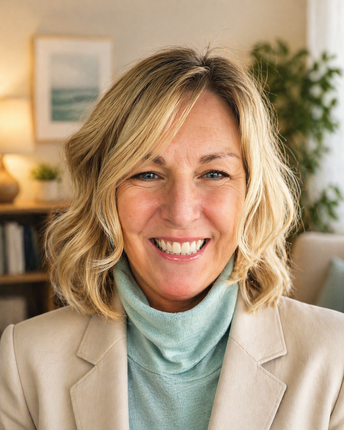Close-up of a smiling woman with blonde wavy hair, wearing a beige blazer and light blue turtleneck, in a cozy living room with a bookshelf, framed picture, and plant in the background.
